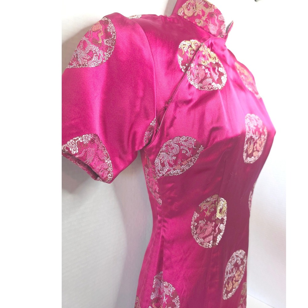 60s Vintage Fuchsia Pink Satin Cheongsam Qipao Dress Dragon Phoenix Brocade Midi - Picture 3 of 16